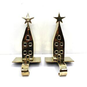 Vintage Crate & Barrel Brass HOUSE Christmas Stocking Hook Holder Hanger Heavy